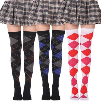 

Fashion Women's Plaid Argyle Over The Knee High Socks Cotton Wholesale Slim Leg Stockings CINESSD
