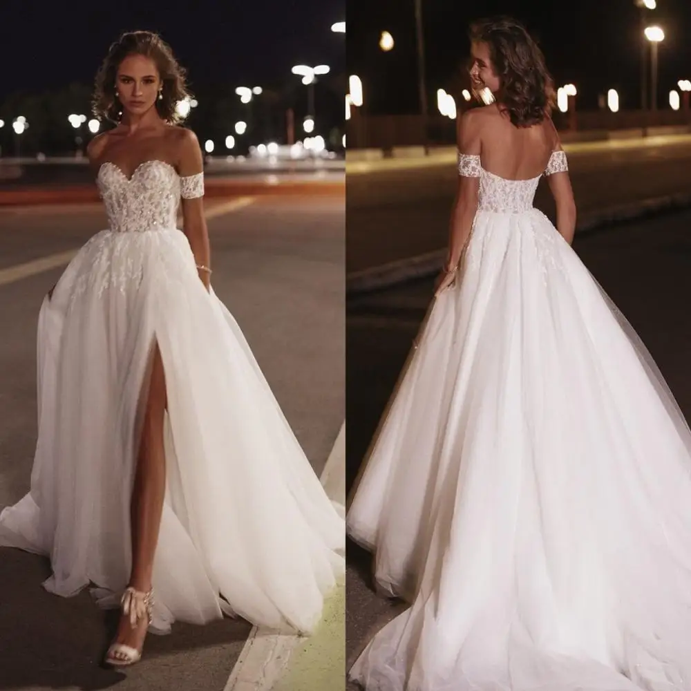 

2021 New Wedding Dresses Sexy Sweetheart Lace Applique High Split Bridal Gowns Custom Made Open Back Sweep Train Wedding Dress