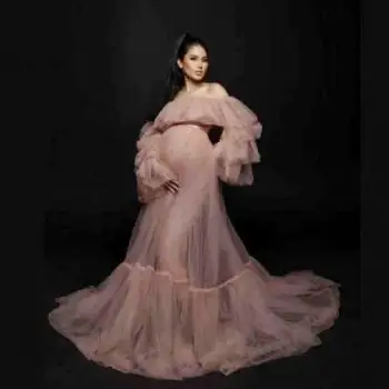 

Pregnant Women Party Dress Off Shoulder Long Tulle Ruffles Plus Size Prom Dress See Through Plus Size Maternity Photoshoot