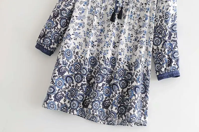 Boho chic каштановых для женщин с цветочным принтом Длинные рукава пляжное для отпуска, в богемном стиле мини-платье женские кружева v-образным вырезом, летнее платье, vestidos