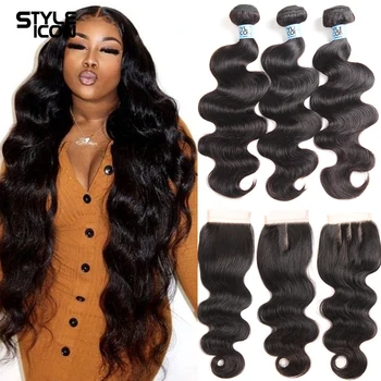

30Inches Body Wave Bundles With Closure Double Weft Remy Body Wave Human Hair With Lace Closure Brazilian 3 Bundles with closure