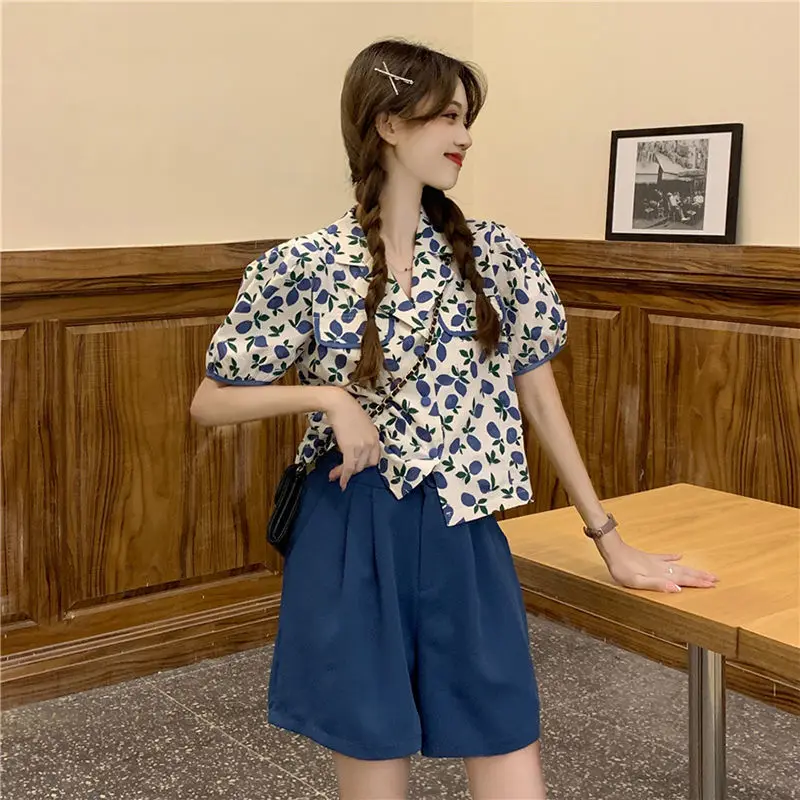 Short Sets Women Summer Printing Fashion All-match Vintage Puff Sleeve Korean Style Elegant Leisure Streetwear Female Outfits womens loungewear