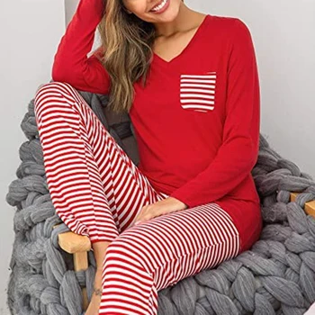 

Hot 2020 Spring Autumn Womens Pajama Sets O neck Stripes Long Sleeve Women Sleepwear Pyjamas Girls Nightgown for Woman Plus