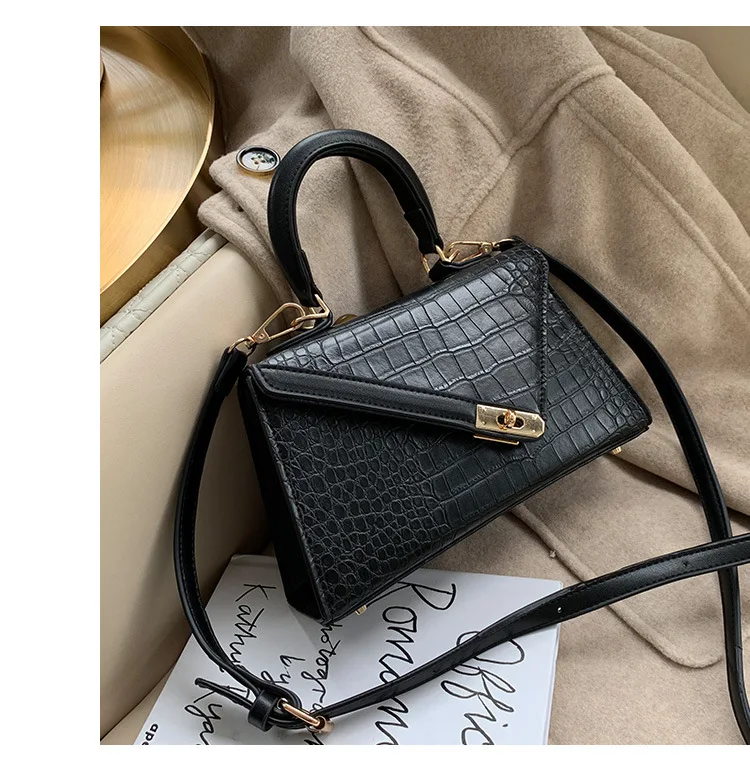 Women Small Top Handle Bag Luxury Brand Trapezoid Shaped Handbag for Women Girls Crocodile Print PU Leather Cross body Bag Beige (15)