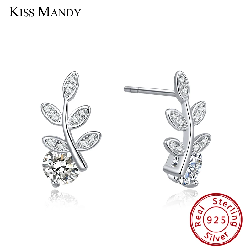 

Kiss Mandy 100% 925 Sterling Silver CZ Stud Earrings Dancing Leaves with AAAA Zircon Women Wedding Engagement Jewelry Gift SE174