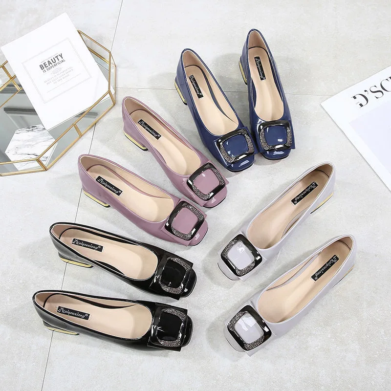 

2019 Spring And Autumn Square Head WOMEN'S Shoes Shallow Mouth Low Heel Patent Leather Shoes Chunky-Heel Korean-style Casual Com