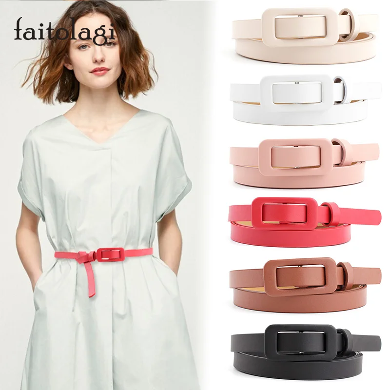 Womens Thin Leather Belt White Brown Thin Strap Women Belt Pu