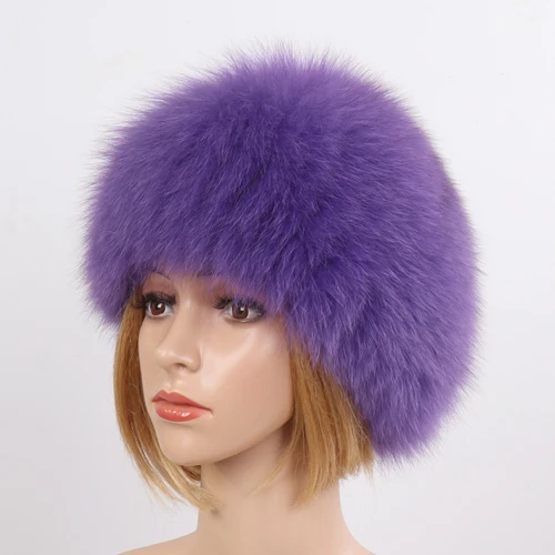 Лидер продаж, женская зимняя шапка из натурального Лисьего меха, эластичная теплая мягкая пушистая шапка из натурального Лисьего меха, роскошные качественные шапки из натурального Лисьего меха - Цвет: purple