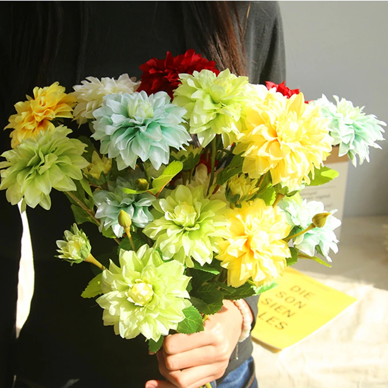 

3 Heads Dahlias Artificial Flowers Silk Daisy Chrysanthemum Fall Vivid Fake Flower and Leaf Wedding Party DIY Garden Decoration
