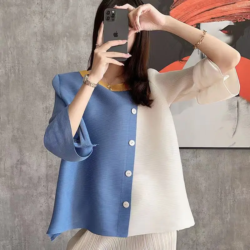 

Женская свободная короткая куртка Miyake, контрастная Футболка с рукавами-фонариками и складками, большие размеры, весна-лето 2022