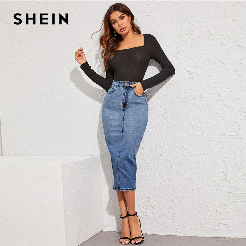 SHEIN синяя Облегающая джинсовая юбка с разрезом сзади, Женская Весенняя Осенняя приталенная Повседневная Длинная юбка-карандаш с высокой талией