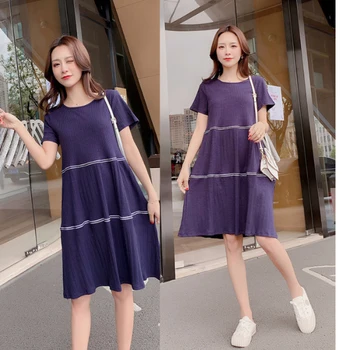 

1986# Summer Casual Blue Maternity Dress Plus Size Loose Clothes for Pregnant Women Pregnancy Straight Dresses Clothing
