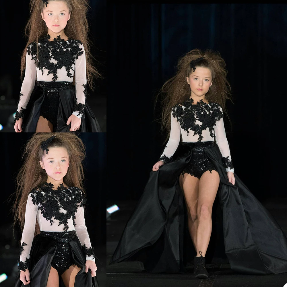 

Black A Line Flower Girls Dresses For Weddings Long Sleeves Lace Appliques Kids Runway Fashion Pageant Dress