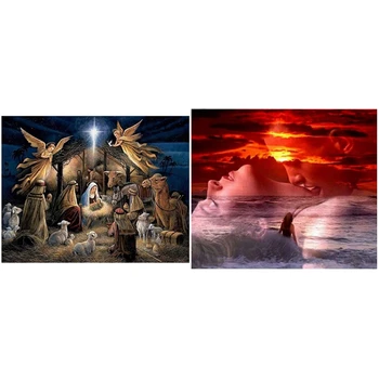 

2 Set Full Rhinestone Embroidery Diamond Painting Cross Stitch-Sunrise At Sea Couple & Angel Animals