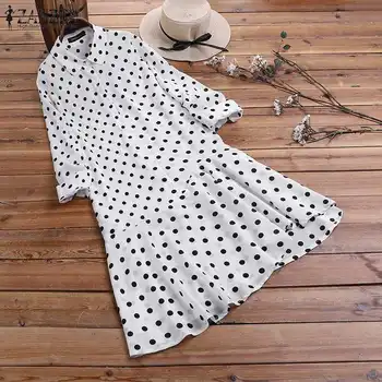 

Women's Dress 2020 ZANZEA Ladies Bohemian Polka Dot Printed Short Vestidos Lapel Asymmetric Summer Mini Sundress Kaftan Robe 5XL