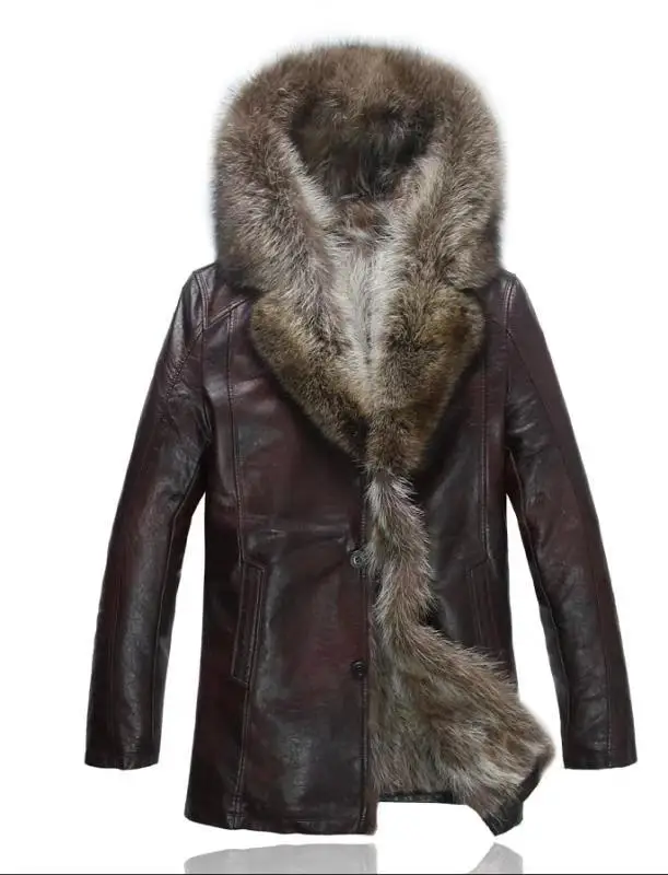 Freeshipping Winter Fashion Men's Coats Raccoon Fur PU Leather Jacket Hat Keep Warm Leather Jackets Man High Quality Hot Sale VS - Цвет: Red brown