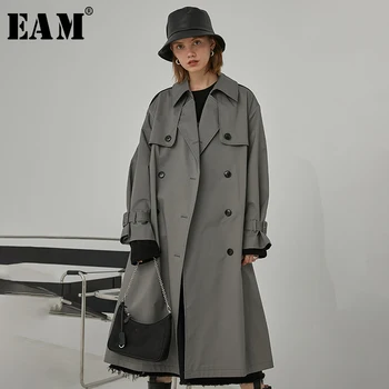 

[EAM] Women gray brief Double Breasted big size Trench New Lapel Long Sleeve Loose Fit Windbreaker Fashion Spring 2020 1R398