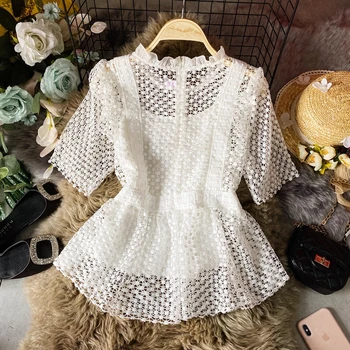 

ZCWXM Lace Hollow Out Blouse Women Solid 2020 Summer Korean Vintage Fashion Shirt Zipper Ruffles Blusas Mujer Tops New