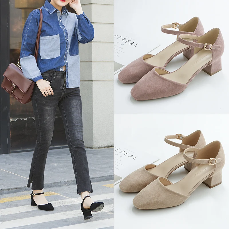 

New 2019 Spring Summer Women Square High Heels Shoes Woman Ladies Flock Ankle Strap Heels Pumps Female Elegant Wedding Shoe