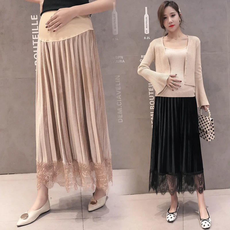 

Pregnant Women Skirt Autumn & Winter Velvet Lace Joint Long Dress for Pregant Women Korean-style Freaky Abdominal Support Matern