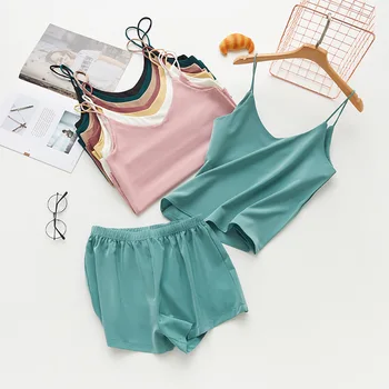 

New Simple Silk Vest pajamas Women's Sleeveless Slim Fit inside Summer Sexy V-neck outside tops Women pajamas women two piece