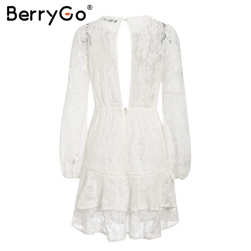 BerryGo элегантное кружевное прозрачное женское платье с длинным пышным рукавом Цветочное белое платье юбка с оборками с завышенной талией офисные женские осенние платья