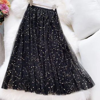 

2020 Spring Summer Vintage Skirts Womens Elastic High Waist Tulle Mesh Skirt Long Pleated Tutu Skirt Female Jupe Longue