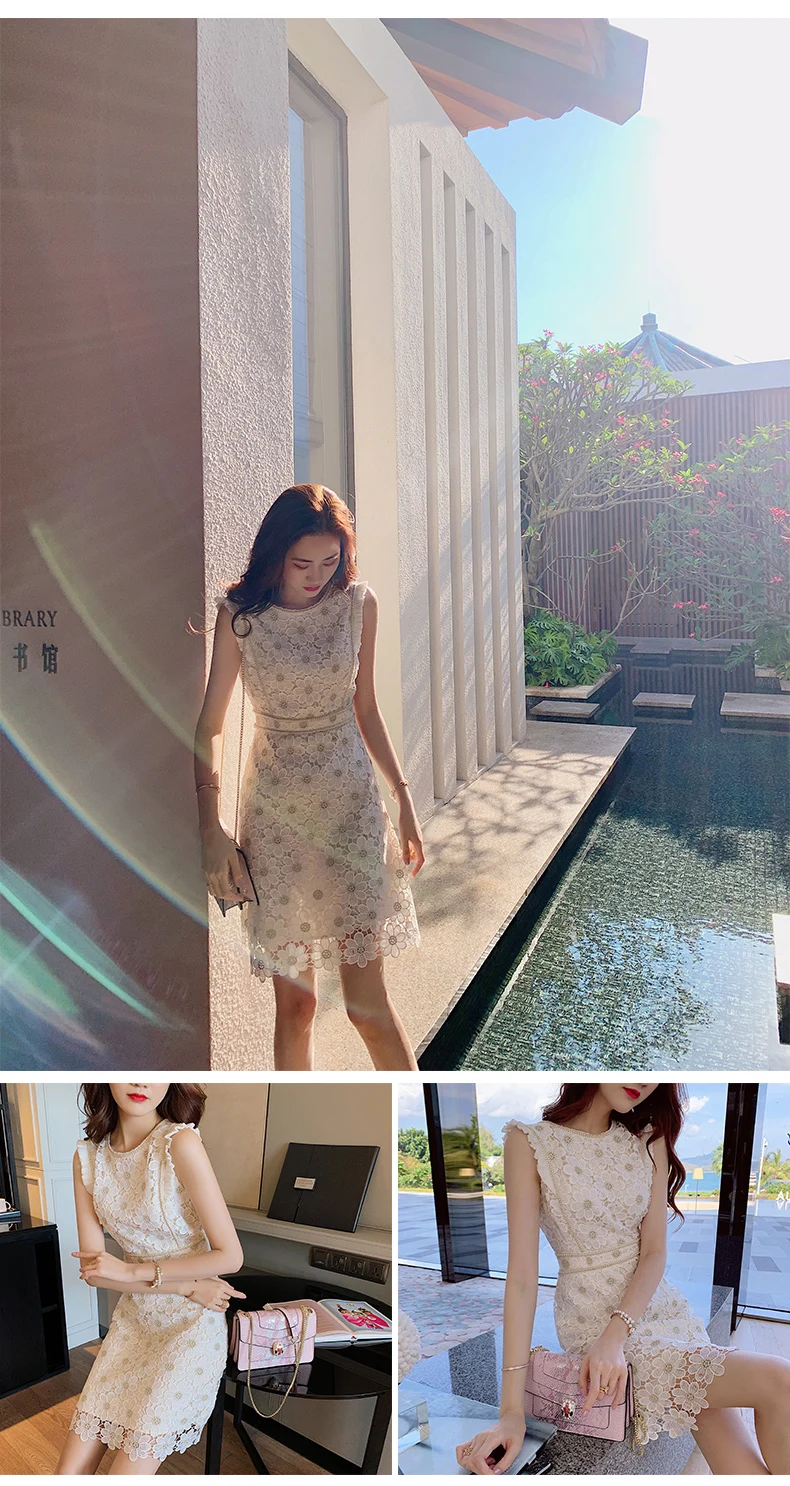 Women Lace Embroidery Dresses For Party 2021 Women'S Summer New Temperament Slim Round Neck High Waist Fashion Dress Office Lady