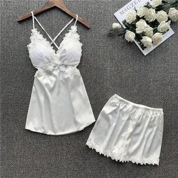

2020 Summer and Autumn New Sexy Suspender Shorts Pajamas Two-Piece Princess Style Lace Sexy Backless Silk Pajamas