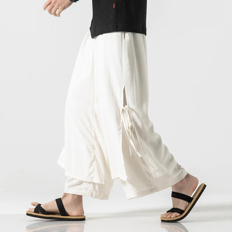 

Straight Loose Wide Leg Pants Men Double Fake Two Pieces Casual Trousers Summer Linen Cotton Breathable men pants