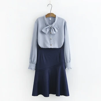 

2 Pieces Sets Women Ruffles Bow Tie Plaid Blouse Shirts & Denim Skirt 2020 Spring New Oversize Lady Fashion Suits Plus Size 4XL