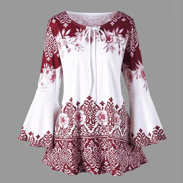 Autumn 5XL Plus Size Blouses Women Bandage Long Sleeve O-Neck Floral Print Loose Casual Lace Fashion Tops Shirts Women Blouse 3