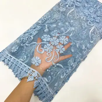 

2020 Sky Blue african lace fabrics for dress New arrival 3 d flowers embroidery net lace with sequins french tulle mesh lace
