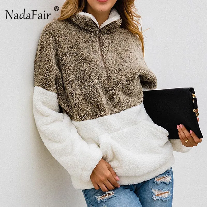 Nadafair Женская флисовая толстовка на молнии с длинным рукавом высоким воротником и