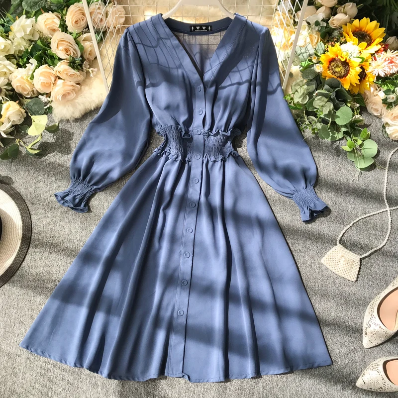 ALPHALMODA/Новое однотонное платье, однобортное, v-образный вырез, эластичная талия, тонкое женское шифоновое платье трапециевидной формы для осени