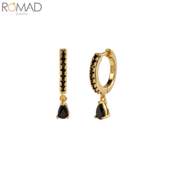

ROMAD 925 Sterling Silver Hoop Earrings For Women Water Drop Black Zircon Earring Hoops Earings Luxury S925 Jewelry Pendientes