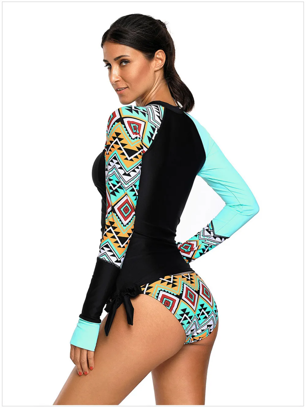 2020 Womens Long Sleeve Rashguard Geometric Print Shirt Side Ties Color Block Two Piece Tankini Swimsuit 410485 (4)