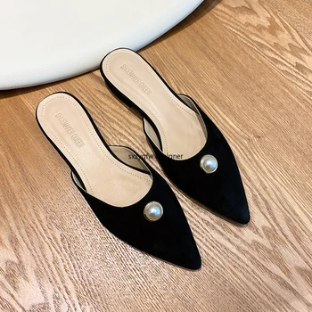 

Baotou Half Slippers Fashion Outside Pointed Flat Pearl Decor Women Slippers Luxury Brand One-pedal Lazy Mule Shoes Female 2020