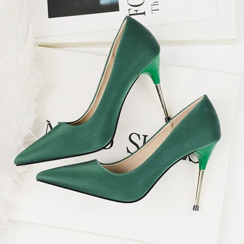 

2020 Metal 10cm High Heels Shoes Woman Pointed Toe luxury Pumps Formal Party Wedding Scarpin Lady Nude Green prom Party Shoes