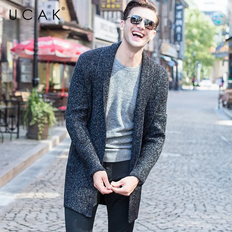 UCAK Brand Merino Wool Sweater Men Autumn Winter Cashmere Cardigan Men Streetwear Fashion Big Collar Long Sweater Coat Men U3052