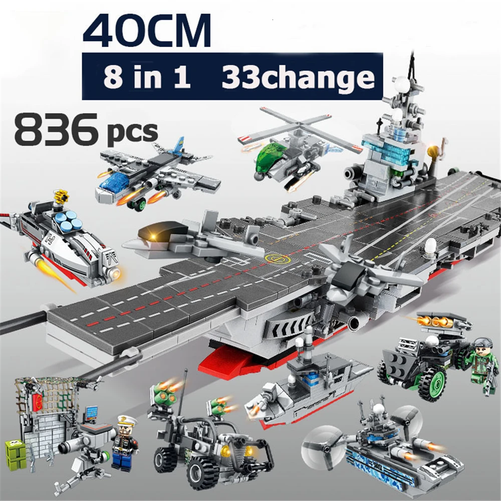 

836PCS 8 IN 1 Military Warship Navy Aircraft Truck Army Building Blocks LegoINGlys Warship Compatible Bricks Children Legoed Toy