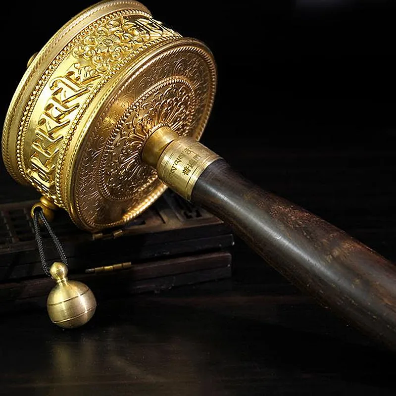 

18cm Yellow Copper Tibetan Manjusri Scriptures Carving Smooth Quiet Hand Cranking Swept Bad Things Buddhist Prayer Wheel