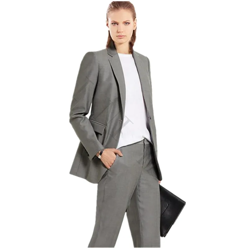 

Jacket+Pants Womens Business Suits Light Gray Female Office Uniform Formal Work Evening Dinner Ladies Trouser Suit 2 Piece Suits