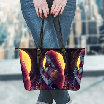 

ELVISWORDS Cartoon Women Shoulder Handbag Halloween The Nightmare Before Christmas PU Tote Bag Lady Street Durable Leather Bag