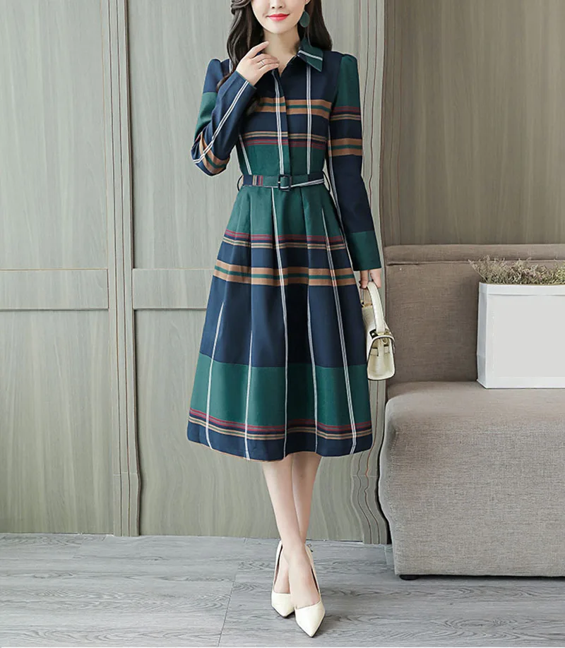 Осеннее платье, новое корейское яркое узкое платье, профессиональное тонкое клетчатое платье с длинным рукавом, женское платье