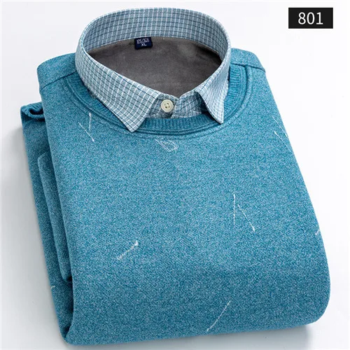 Зимняя Теплая мужская рубашка, утолщенная, деловая, повседневная, мужская рубашка с принтом, поддельные, две части, мужская рубашка, топ размера плюс, бархат YN10564 - Цвет: 801-3