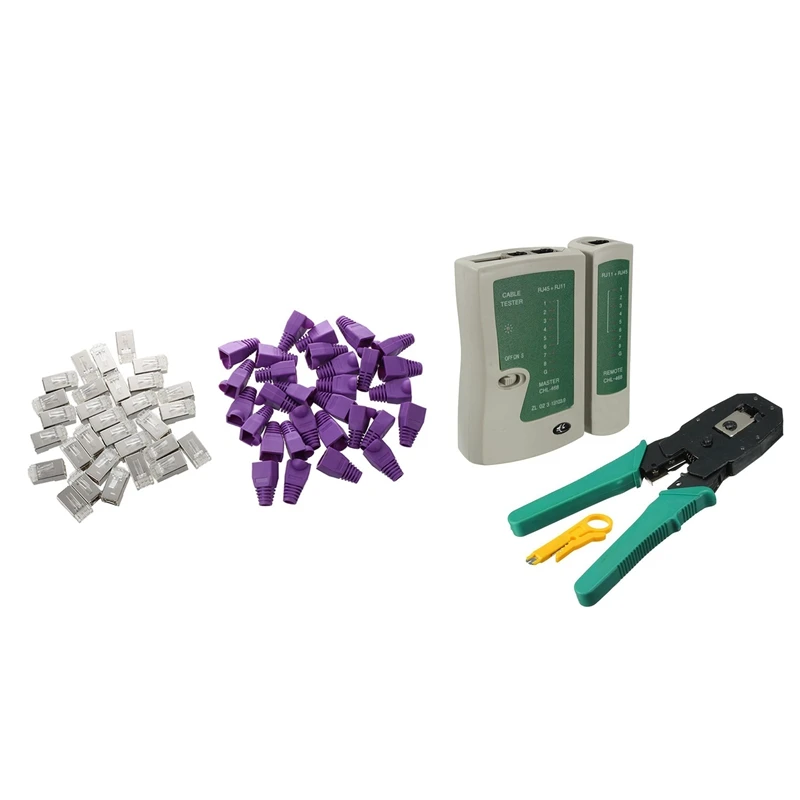 

Network Tester Lan Rj45 Rj11 + Crimping Pliers for Ethernet Connectors with 30 Pcs Metal Shielded 8P8C RJ45 Plug W Protective Sl