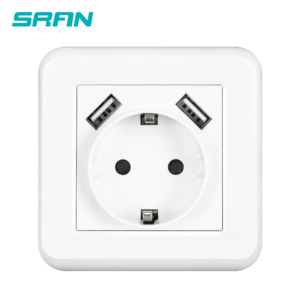SRAN настенная розетка USB Socket 220 16A Огнеупорная панель ПК подходит для ЕС Монтажная