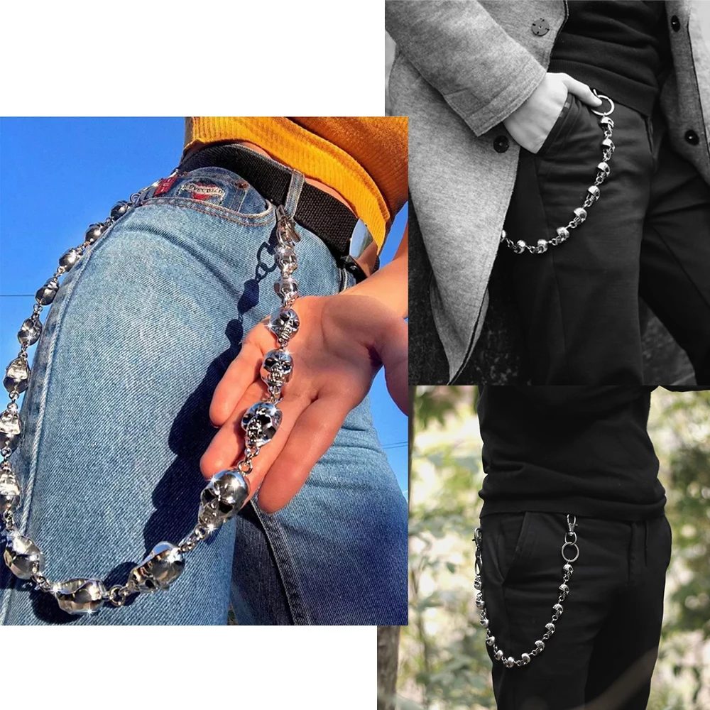 Mens Punk Metal Pants Chain Vintage Grey Hip Hop Trousers Waist Jeans Chain