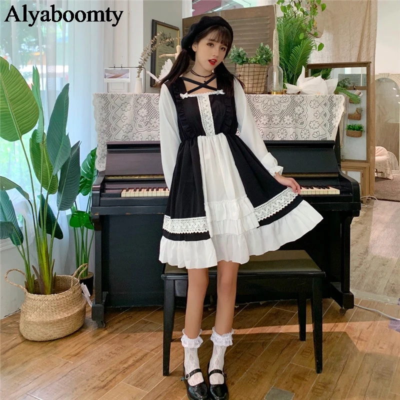 

Japanese Autumn Spring Women Lolita Dress Cross Collar Contrast Color Cute Dress Kawaii Sweet Hollow Out Ruffles Girl's Dresses
